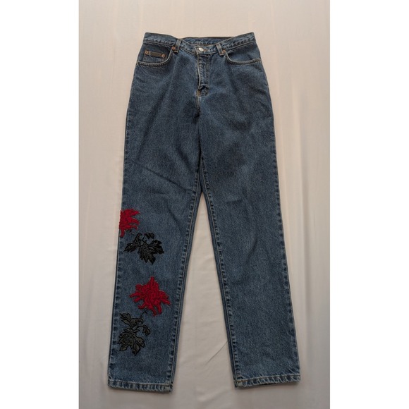 Calvin Klein Vintage 90s Floral Embroidered High Rise Straight Jeans Size 10 Usa